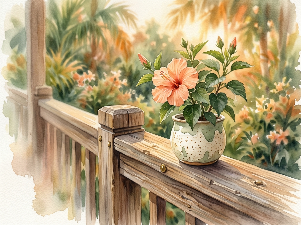 Soft watercolor of a wooden lanai with potted hibiscus at golden hour